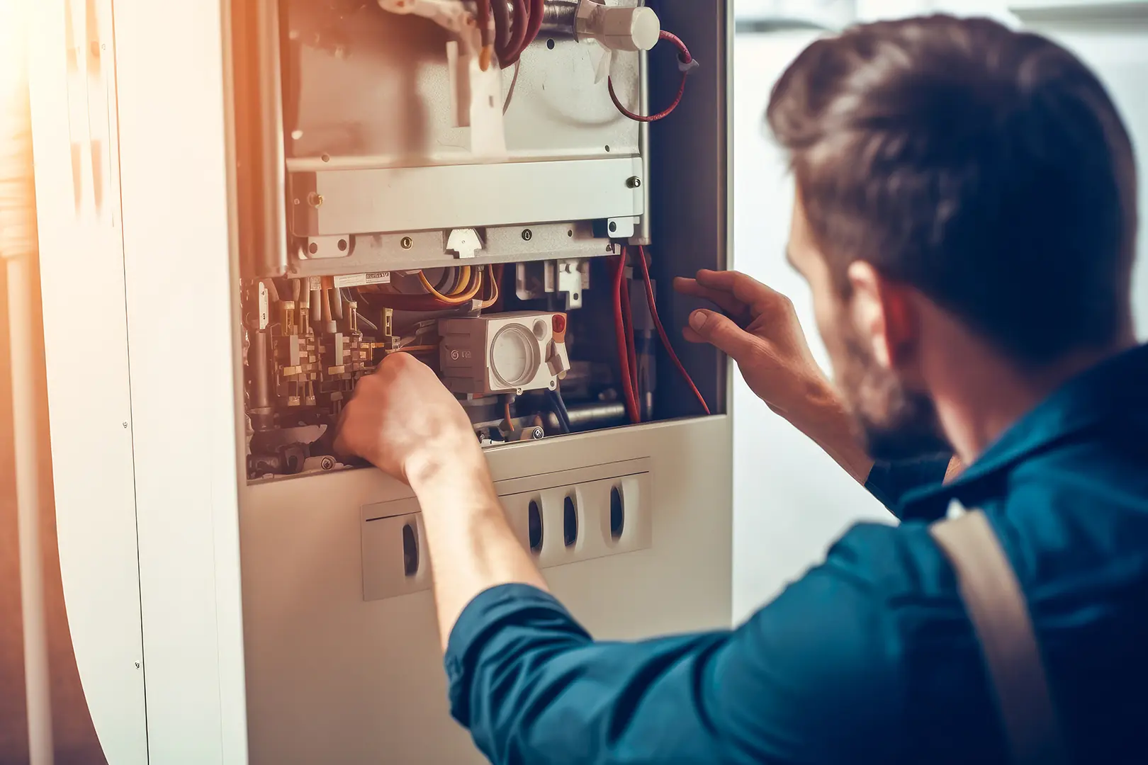 Handwerker repariert einen kaputten Heizkessel Handwerker repariert einen kaputten Heizkessel