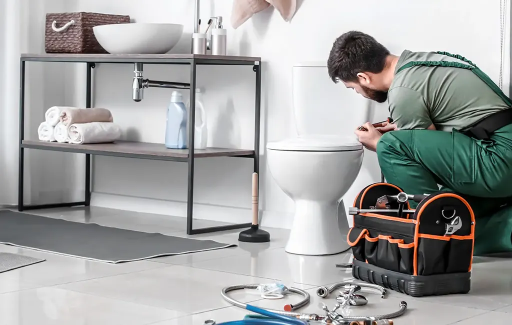 hero-bg-tablet Klempner repariert Toilette im Badezimmer
