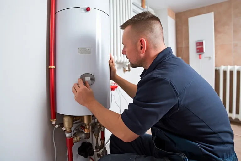 Ein Mann repariert einen Wasserheizer in einem Raum