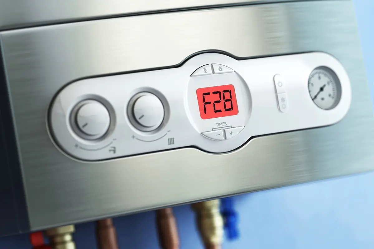 Gasboiler mit digitalem Display, das die Fehlermeldung F28 anzeigt