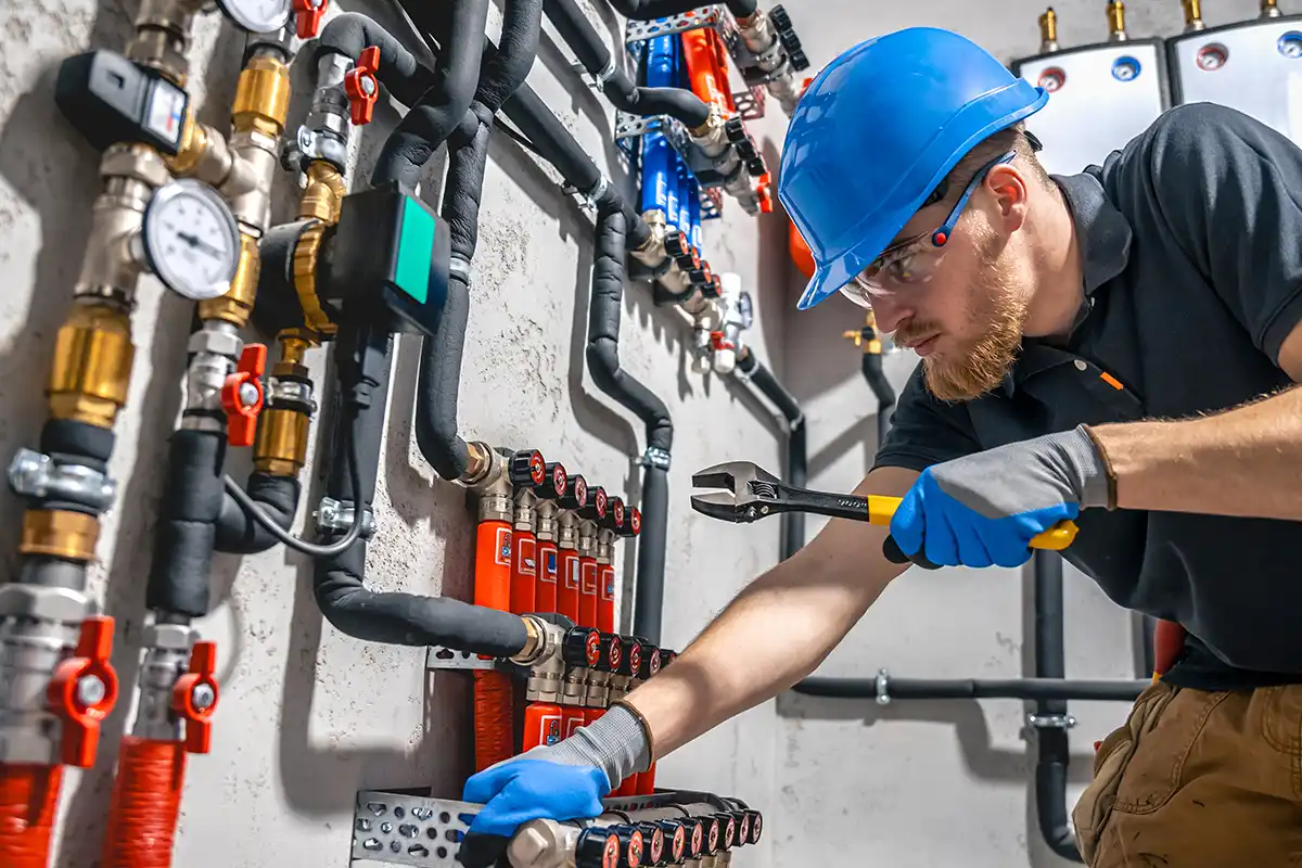 Ein Mann im blauen Hemd und Schutzhelm überprüft Heizungsrohre