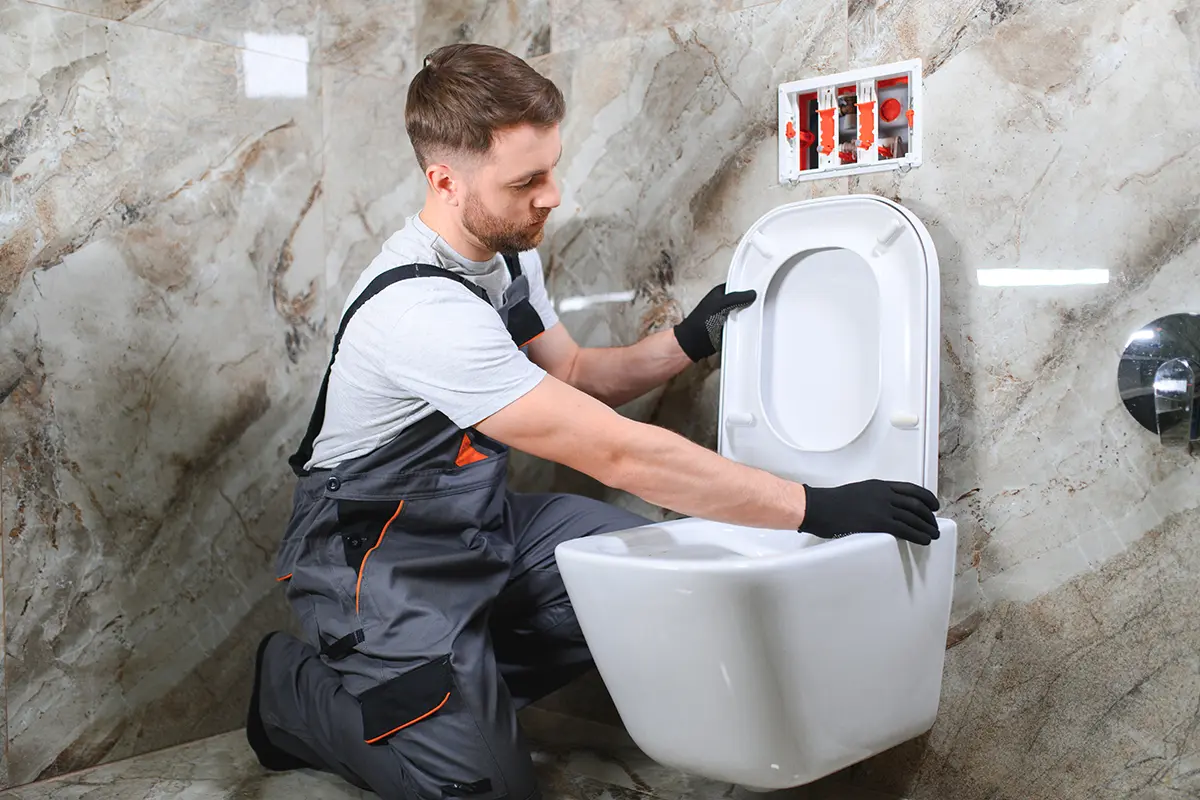 Ein Mann repariert eine Toilette