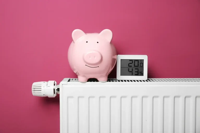 Sparschwein und Thermometer auf einem Heizkörper