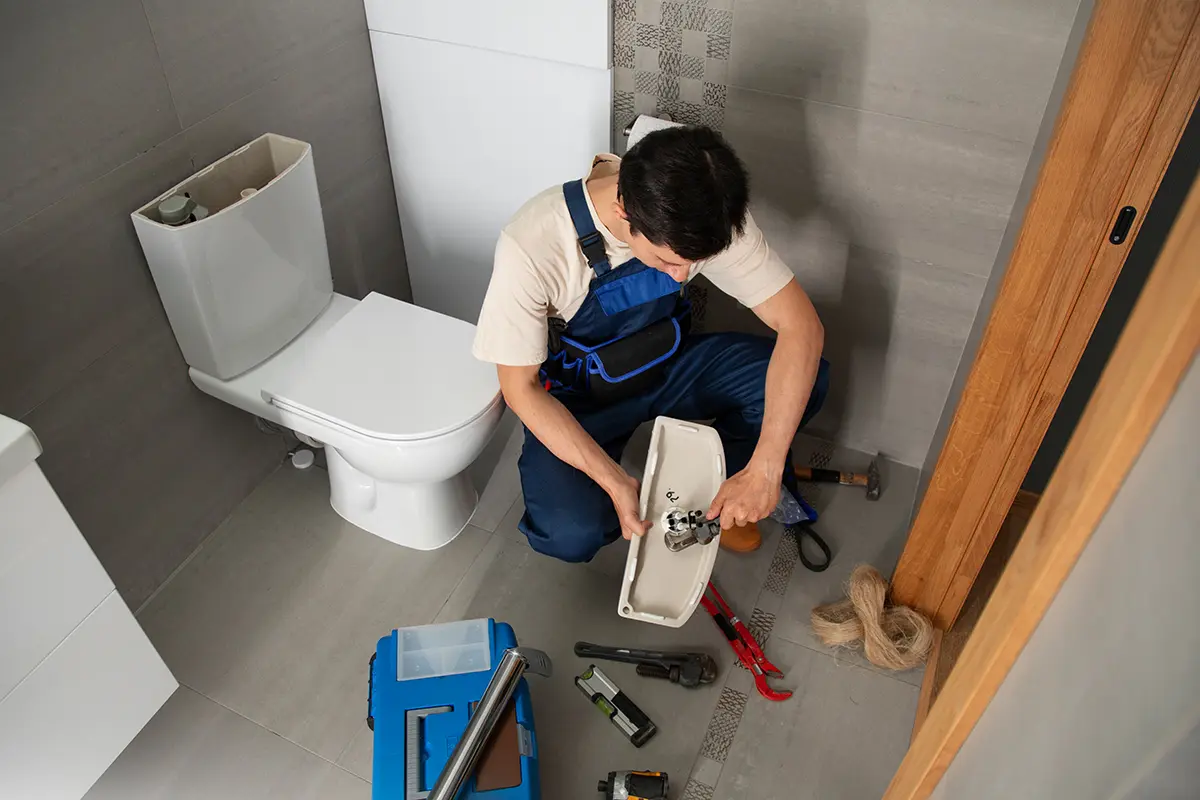 Ein Mann repariert eine Toilette in Badezimmer