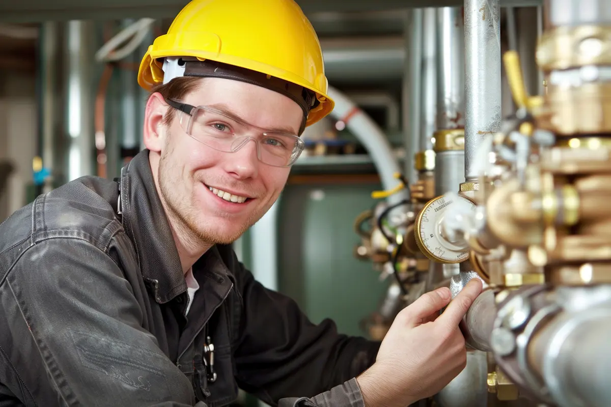 Ein Mann mit Schutzhelm und Brille überprüft Rohrleitungen