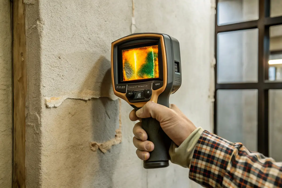 pur - Thermografie - Ideal für Warmwasserleitungen Eine Person hält ein Infrarotthermometer vor einer Wand