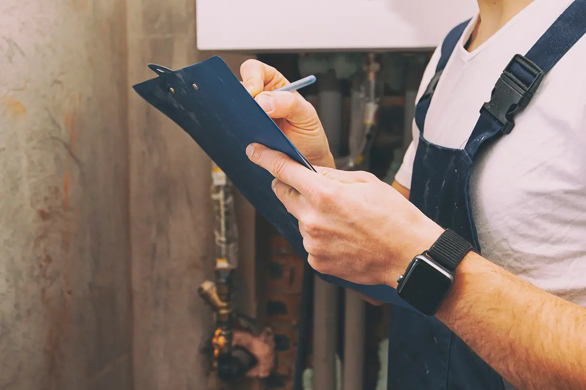 Ein Mann in Latzhose hält ein Clipboard und schreibt darauf