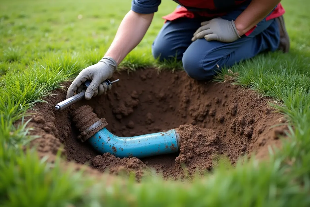 pur - Wasserleitungen - Reparaturmethoden Ein Mann repariert ein Rohr im Garten